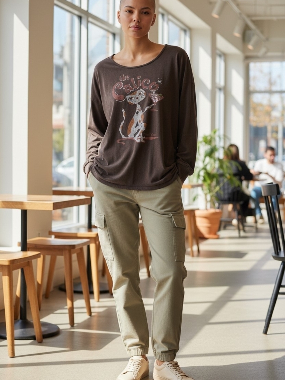 Lucky Brand Brown Long-Sleeve Tee with Subtle Graphic